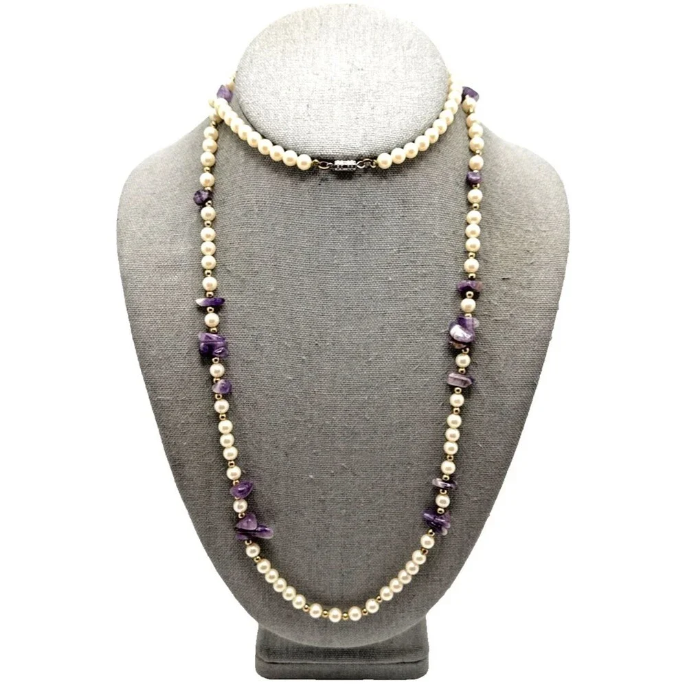 Vintage Faux Pearl Amethyst Chip Station Necklace Long Stone Boho Energy Calming